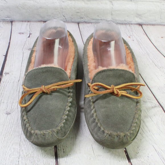 LL Bean Green Suede Wicked Good Shearling Lined Moccasin Slippers Size 6 - Picture 5 of 9